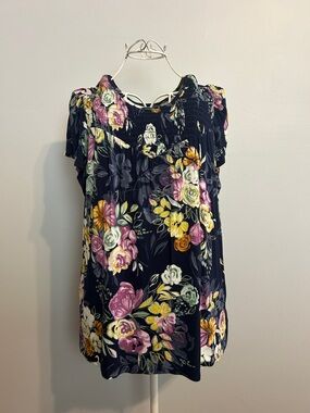 Maurices Navy Floral Smocked Short Sleeve Blouse